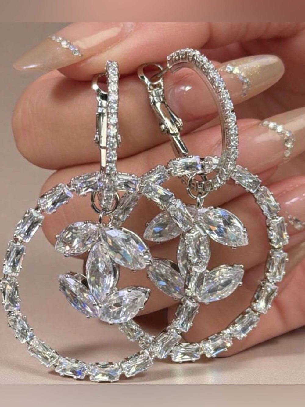 Macy's Silver-Tone Hoop Earrings with Clear Crystal Marquise Accents - Picture 1 of 1